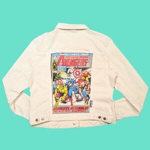 Avengers, Marvel Comics T-Shirt Upcycled White Denim Jacket Size L for Women